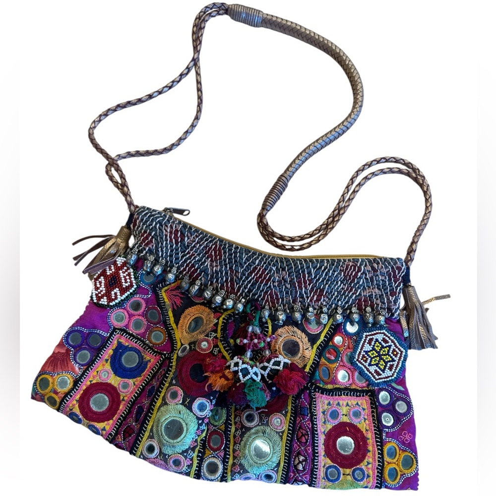 Banjara Leather Strap and Tassels Crossbody, embroidery mirror tassel details